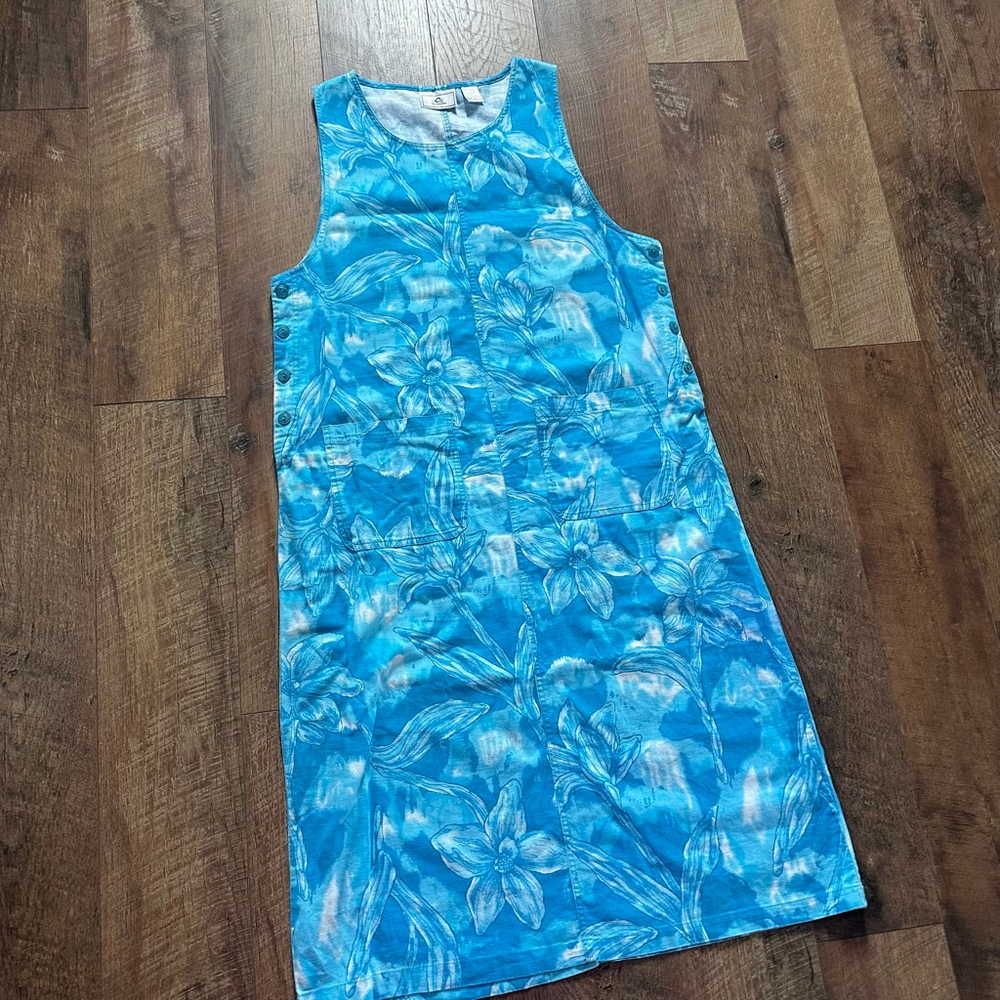 Women's Carolina Bay Blue & White Floral Linen Blend Dress XL